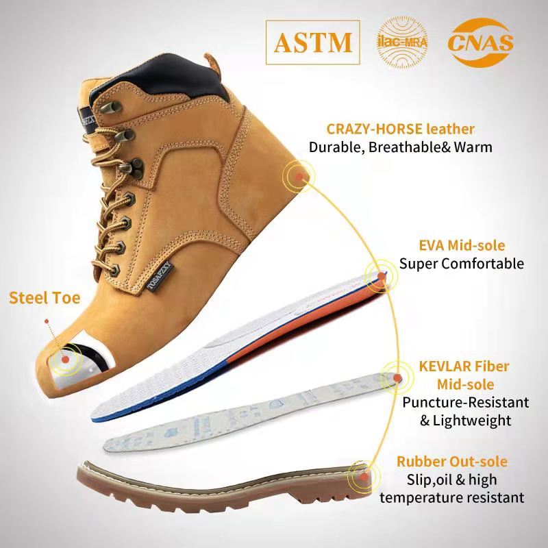 Yellow Steel Toe Work Boots for Men Durable Crazy-Horse Leather Indest